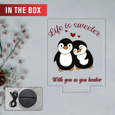 Cute Romantic Couple Penguins Design Acrylic UV Printed LED Night Lamp with Automatic Color Changing Light Gift for Couples